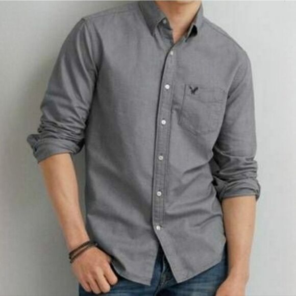 American Eagle Outfitters Men's Long Sleeve Button-Down Gray Cotton Shirt - Picture 1 of 14